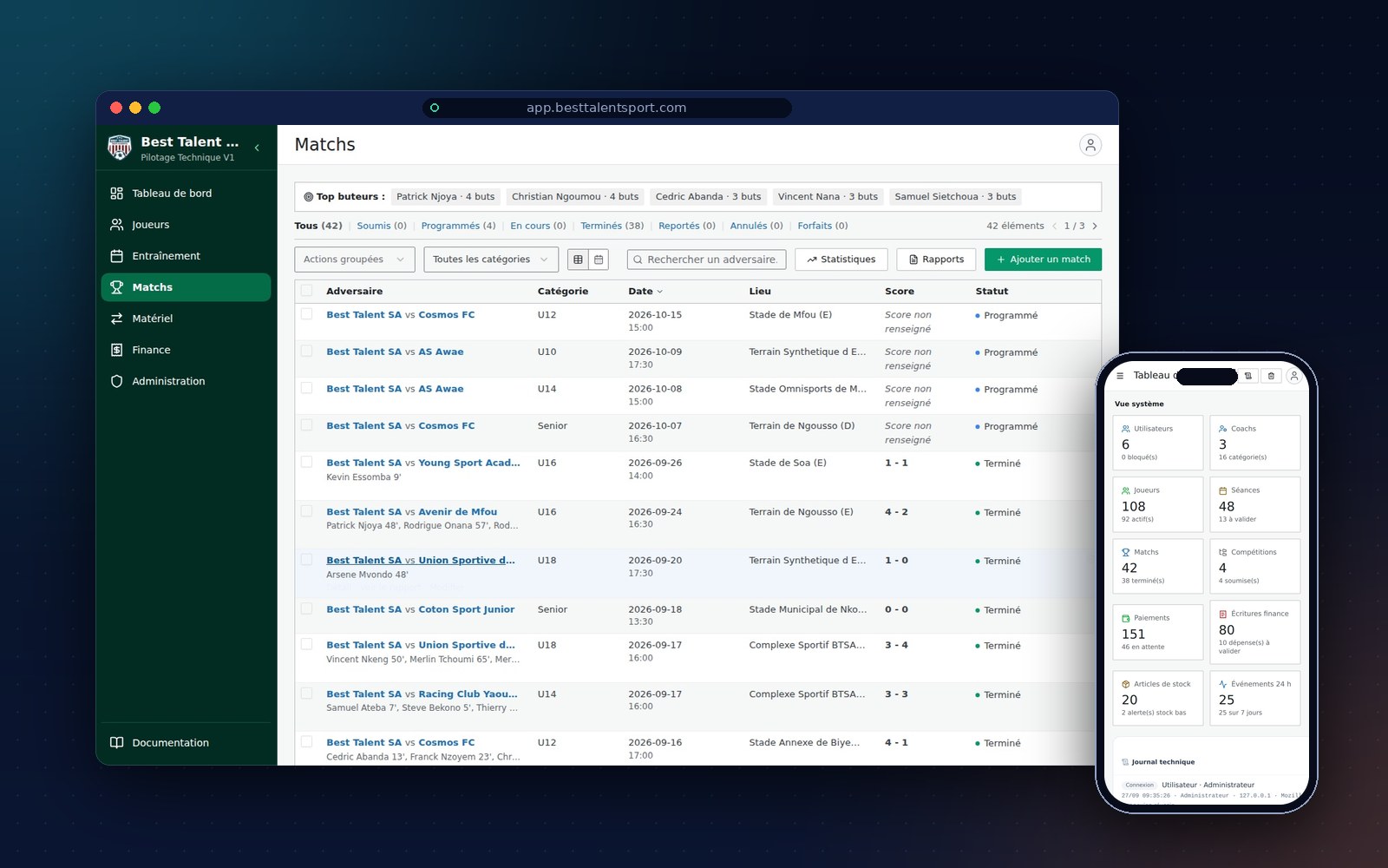 Best Talent Sport Academy — Pilotage technique des joueurs, séances et matchs — web + Android