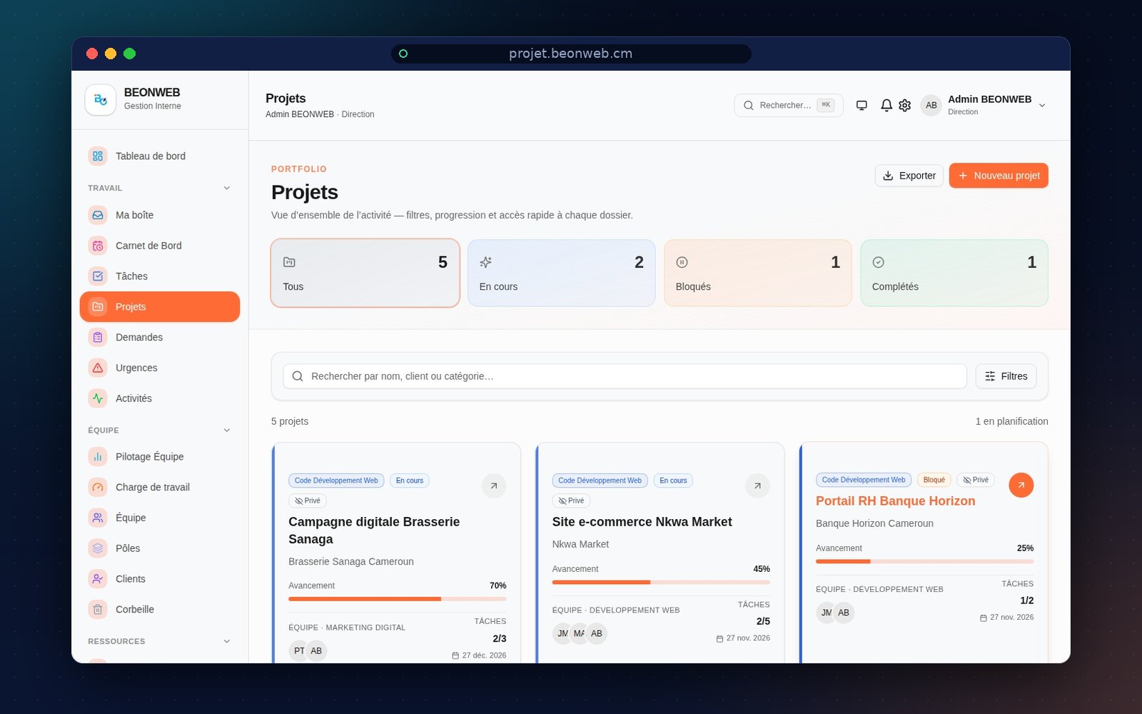 BEONWEB Gestion interne — aperçu