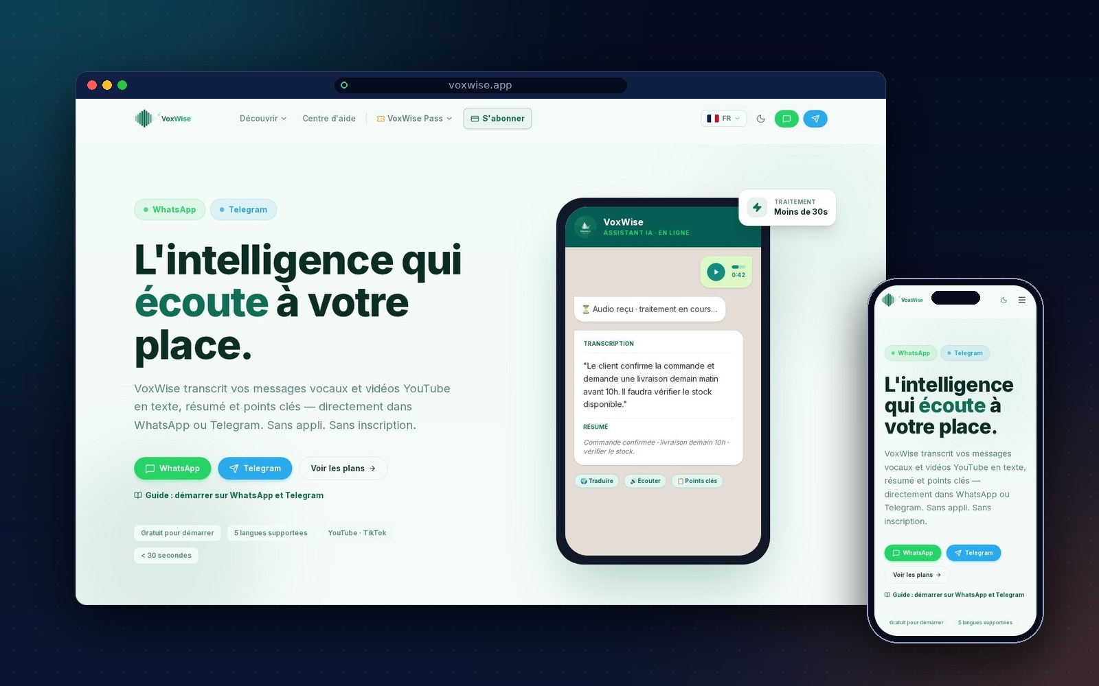 VoxWise — Transcription IA des vocaux et vidéos, directement dans WhatsApp et Telegram