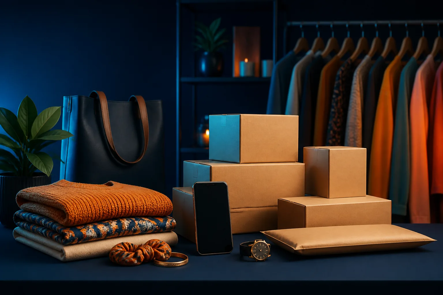 Produits de mode, colis et smartphone dans un studio e-commerce premium
